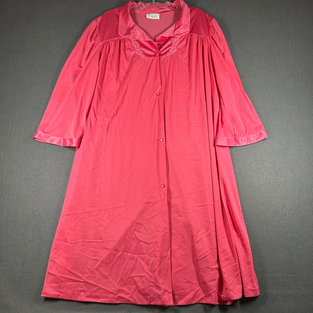Vtg Vanity Fair Robe Womens XXL Pink‎ Floral Lace Satin Long Lounge Sleepwear